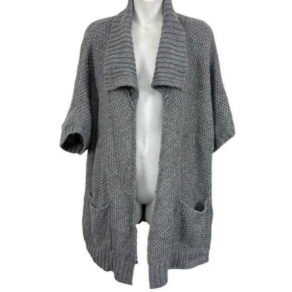 Chicos Gray Chunky Knit Longline Cardigan Sweater Open Pockets 1/2 Sleeve 2 / L - Picture 1 of 16